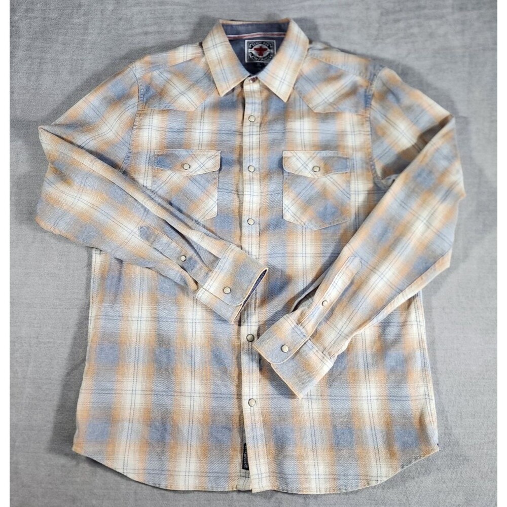 Flag & Anthem Desert Son Men's M Beige Gray Plaid Pearl Snap Western Shirt